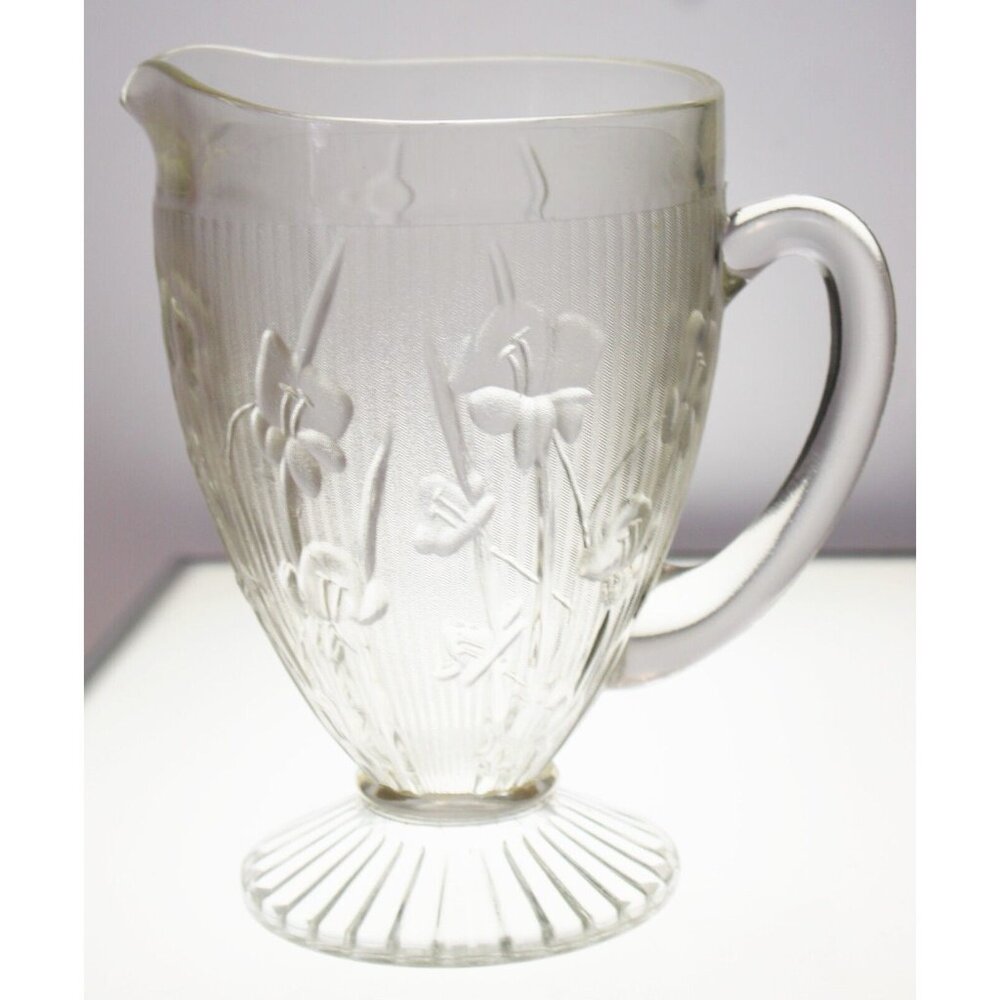 Vtg 50s Jeanette Glass Iris Herringbone Clear Glass Pitcher 2 quart Depression